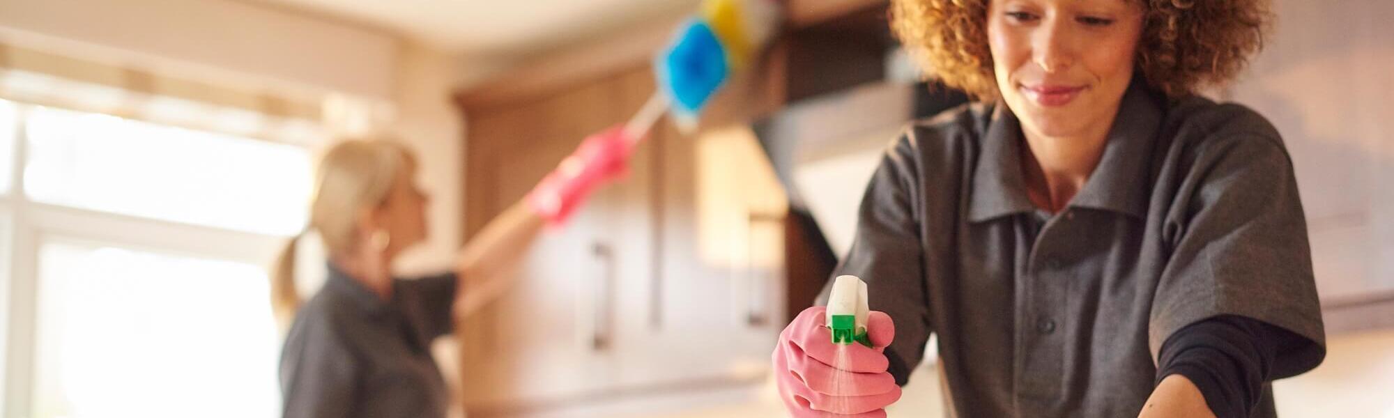 Happy cleaning technicians wiping living room