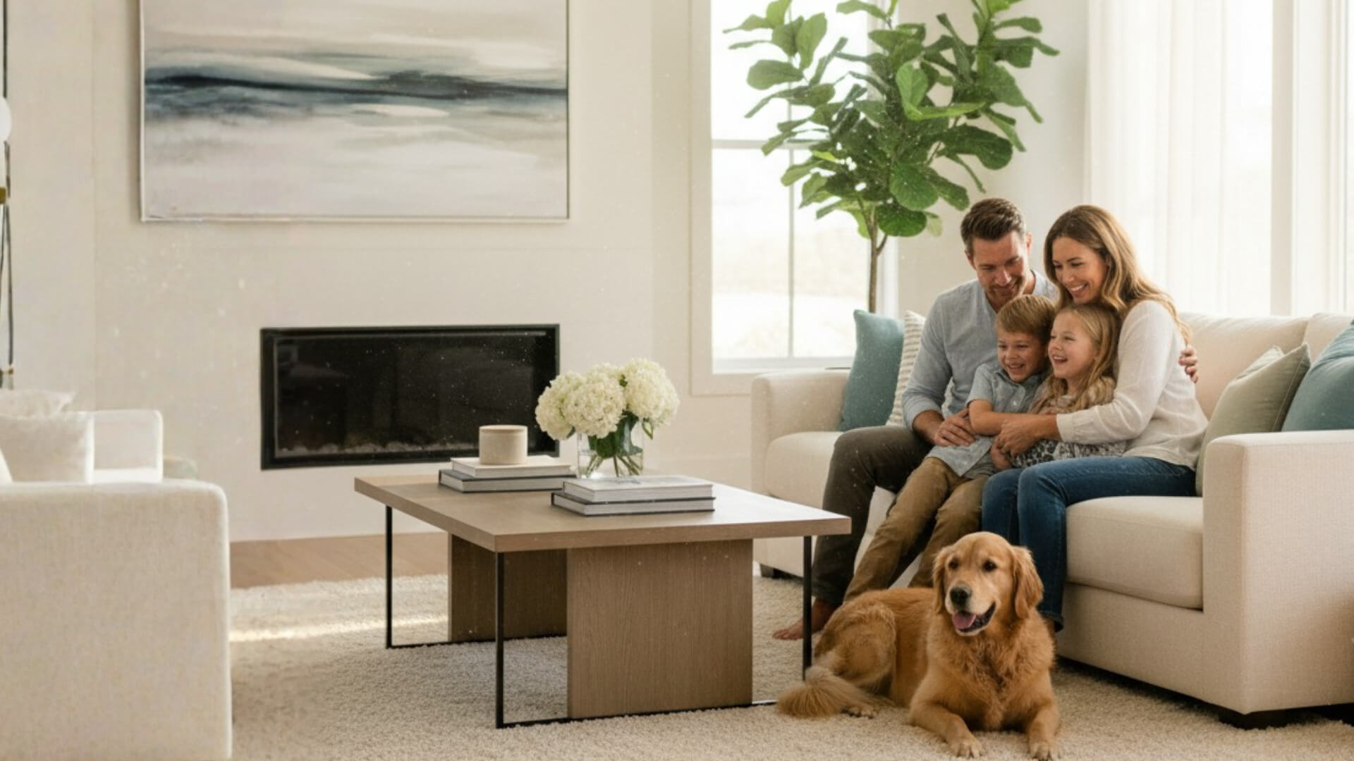 Happy family at home with dog