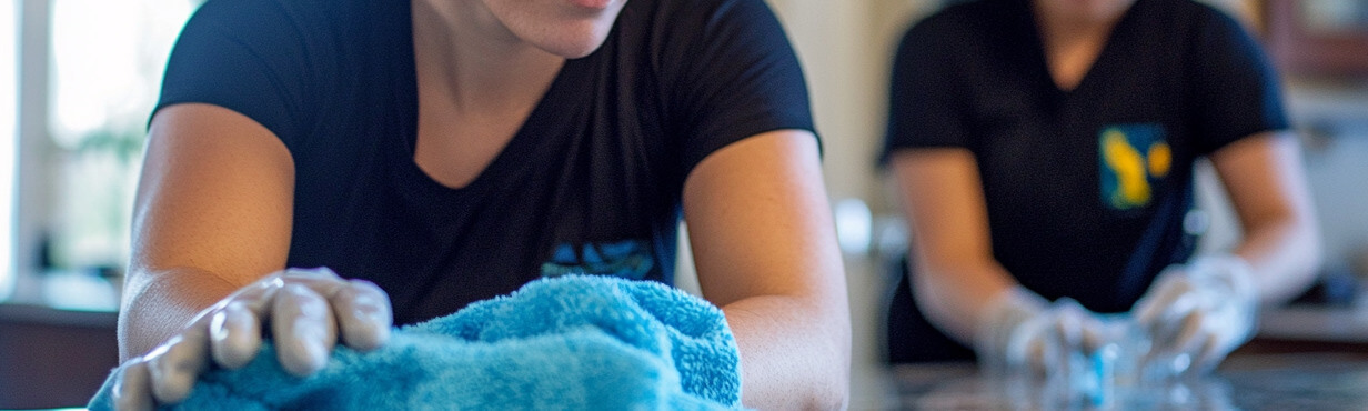 Clean home office, with cleaners wiping down shelves